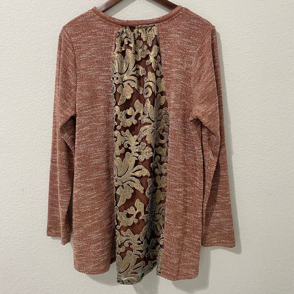 LOGO Lori Goldstein XL Marled Knit Top Sequin Lace Back Lagenlook Tunic Brown - Picture 3 of 9